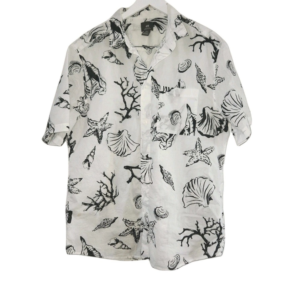 H&M Men's XL Cotton Coastal Shells Print White Black Button-Down Short Slv  EUC